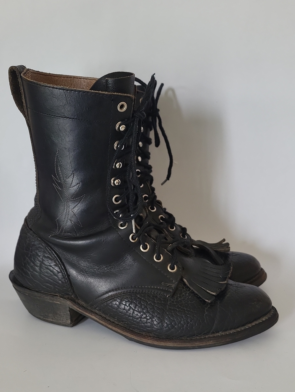 Vintage Black Leather Packer Boots Kiltie Bullhide Bison Lace Up Work Western